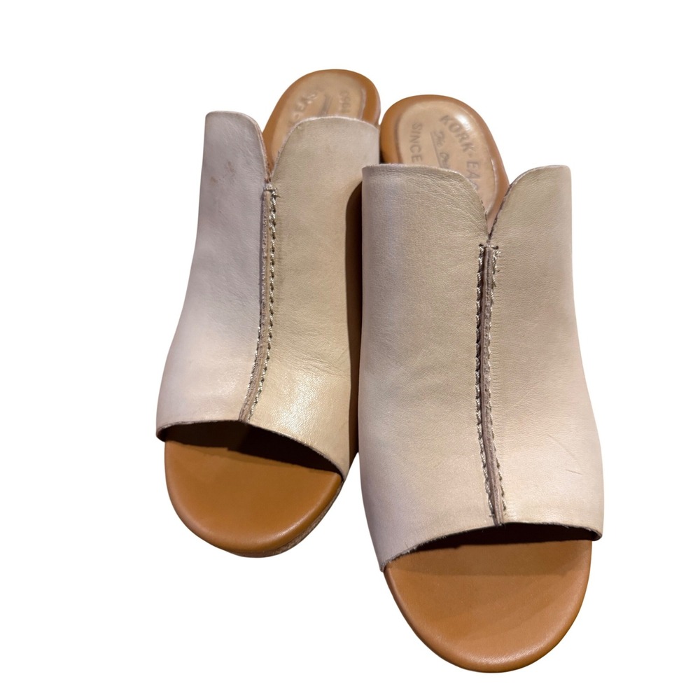 Kork-Ease Women Nude Leather Block Heel Peep Toe Slide‎ Sandals Mules 9M Beige
